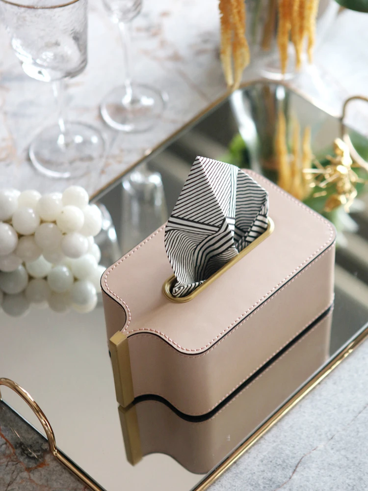 Luxury Brass Tissue Box Living Room Bedroom Paper Pumping Box Creative Leather Napkin Box Dining Table Decoration Ornaments