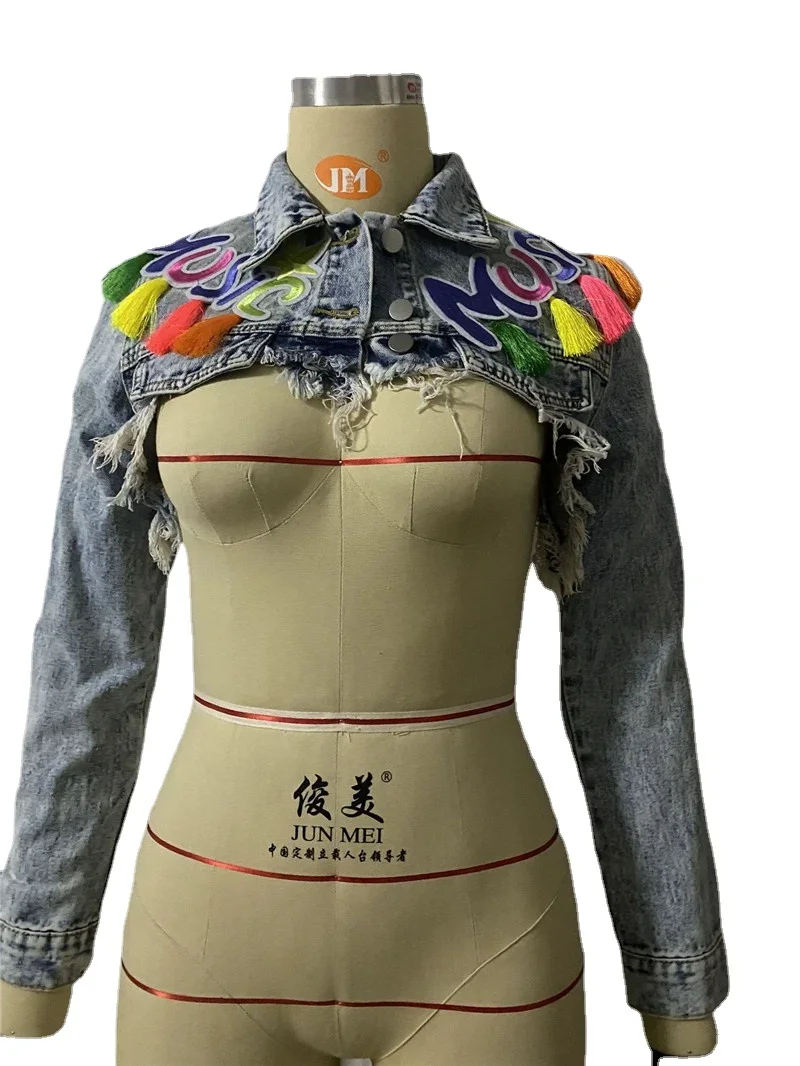 Sexy Tassel Ripped Cropped Jean Jacket Women 2024 Autumn Long Sleeve Denim Jacket Streetwear Short Denim Coat Female Outerwear