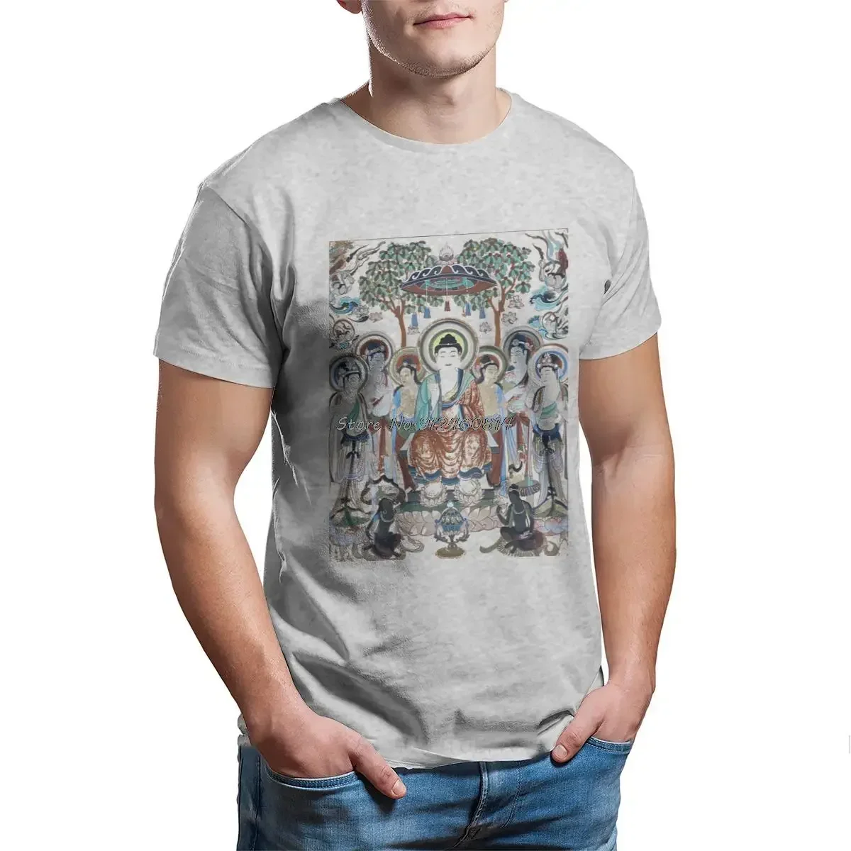 heavyweight new Buddha Statue Graphic Painting Mogao Caves Art T Shirt Men Cotton O-neck Tshirt Hip Hop Tees Streetwear Harajuku