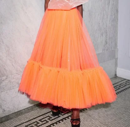 

Pretty Orange Tulle Women Summer Skirts Puffy Mesh Long Party Skirt Elastic Waist Ruffles Tulle Female A Line Pageant Skirts