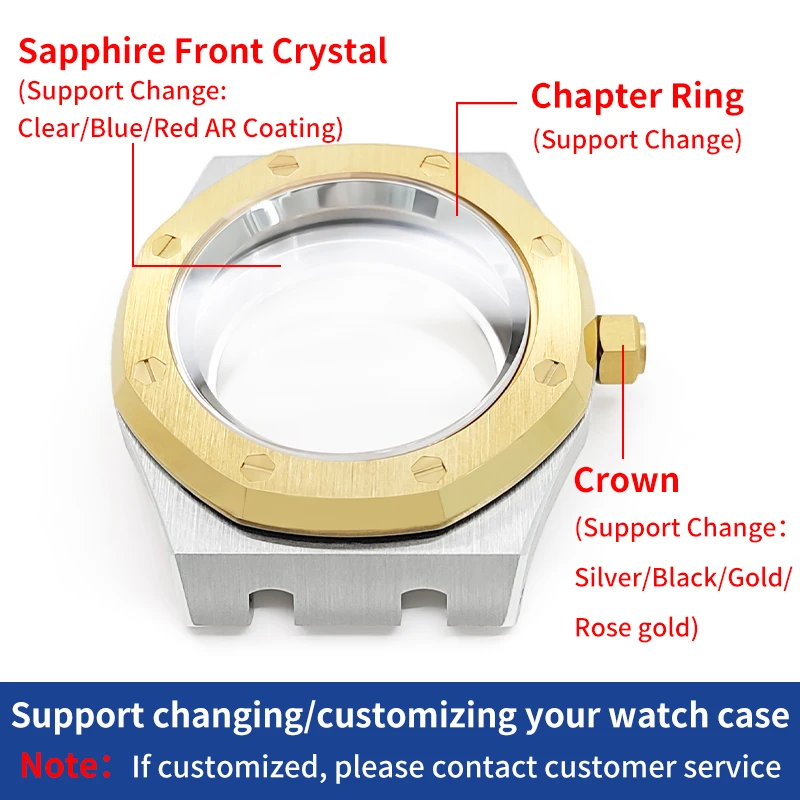 AP Watches Case Polished Steel Finish Gold/Silver For NH35 NH36 4R36 Crown At 3 O’Clock Cases MOD Watch Replacement Accessorie