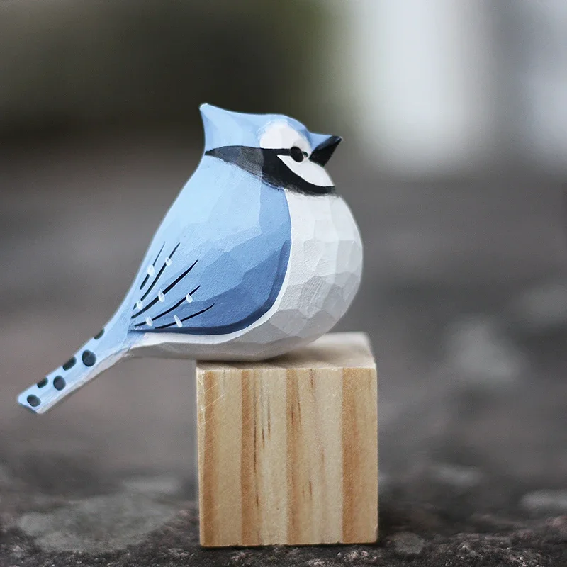 Wood carving blue jay handmade natural solid wood bird desktop Cyanocitta cristata ornament