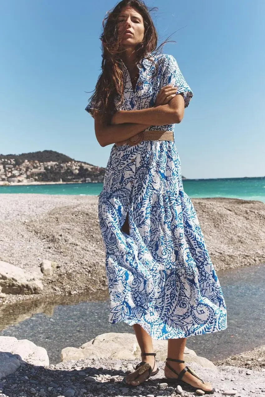 BB6389 ZA25 Polo da donna nuova estate manica corta con cintura in cotone stampato abito camicia 2157045