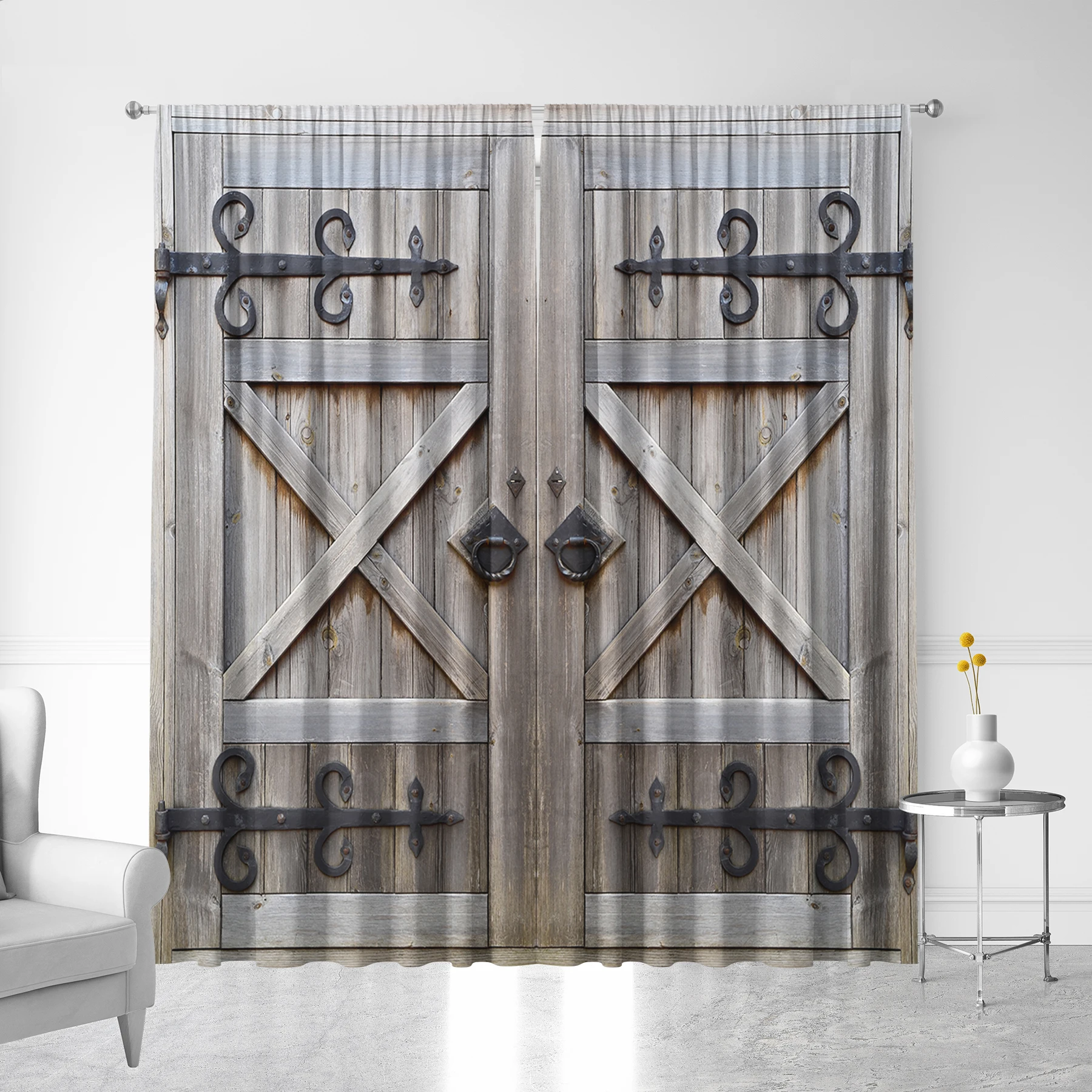 2PC Curtains, Western Cowboy Farm Decorated Wooden Doors With Pole Pocket Curtains, Suitable For Kitchens, Cafes, And Bedroom