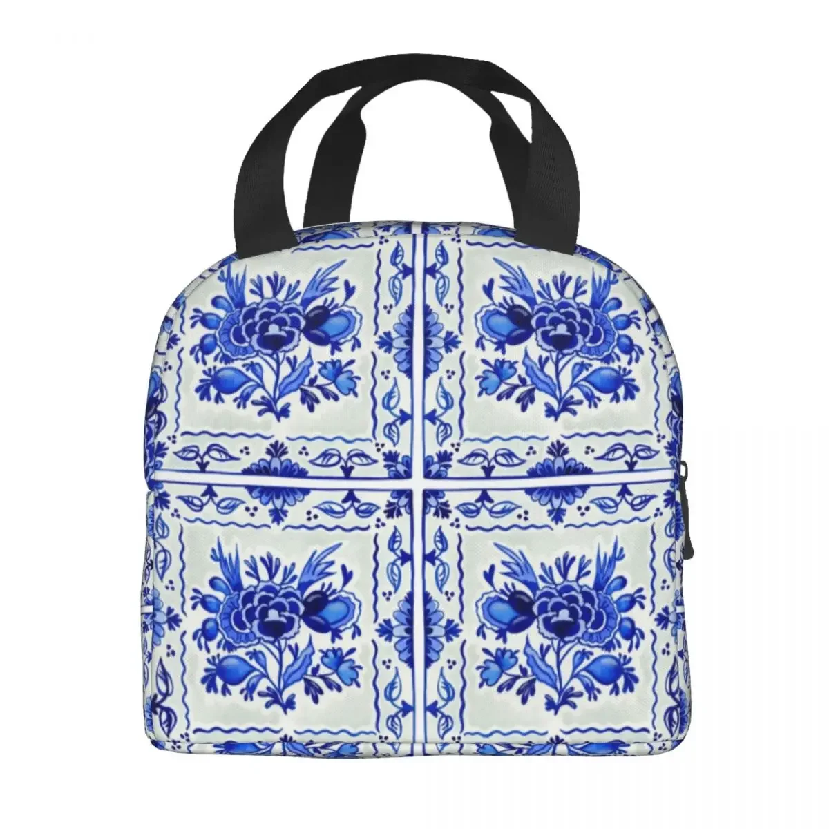 Modern Delft Blue Tiles Insulated Lunch Bags Women Vintage Floral Lunch Container for Kids School Children Storage Food Box