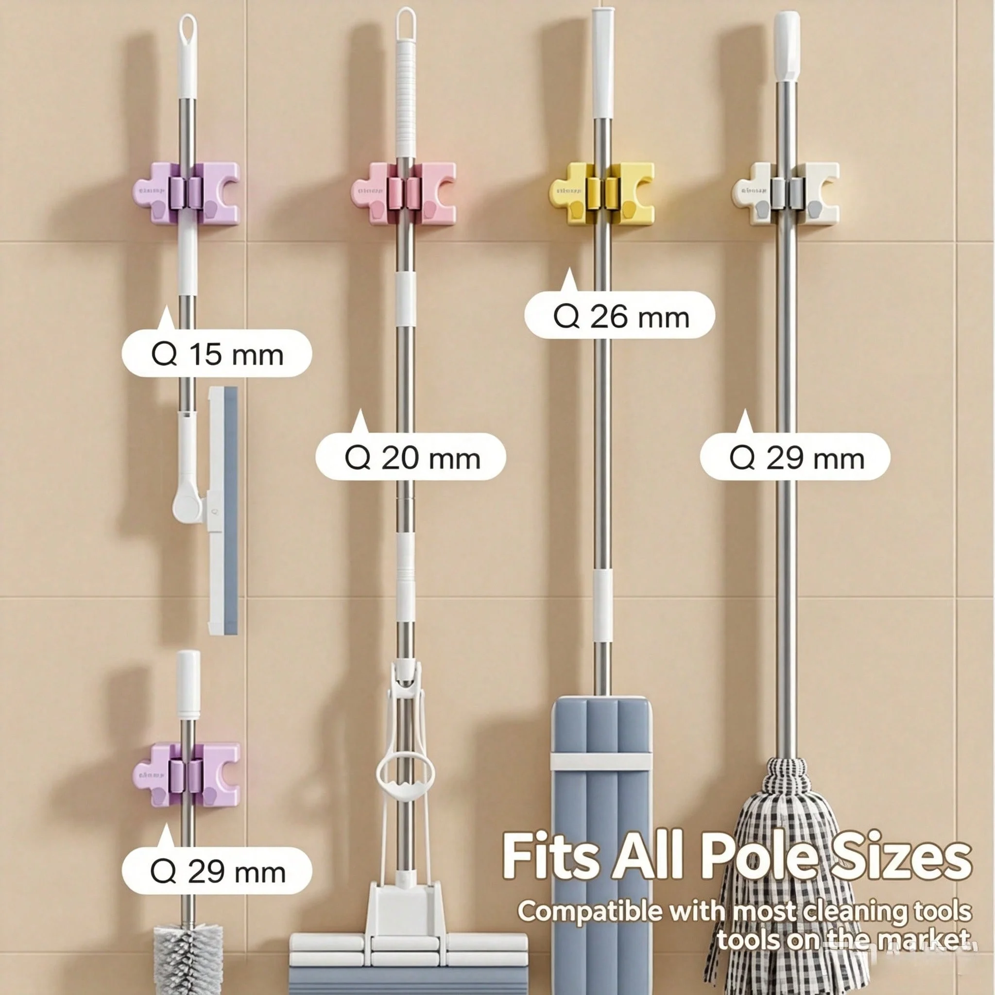 1pc/4pcs Puzzle Splicing Mop Broom Holder No‑Drill Wall‑Mount Macaron Self‑Adhesive Mop Clip w/ Hooks for Bath Kitchen Storage - view 5
