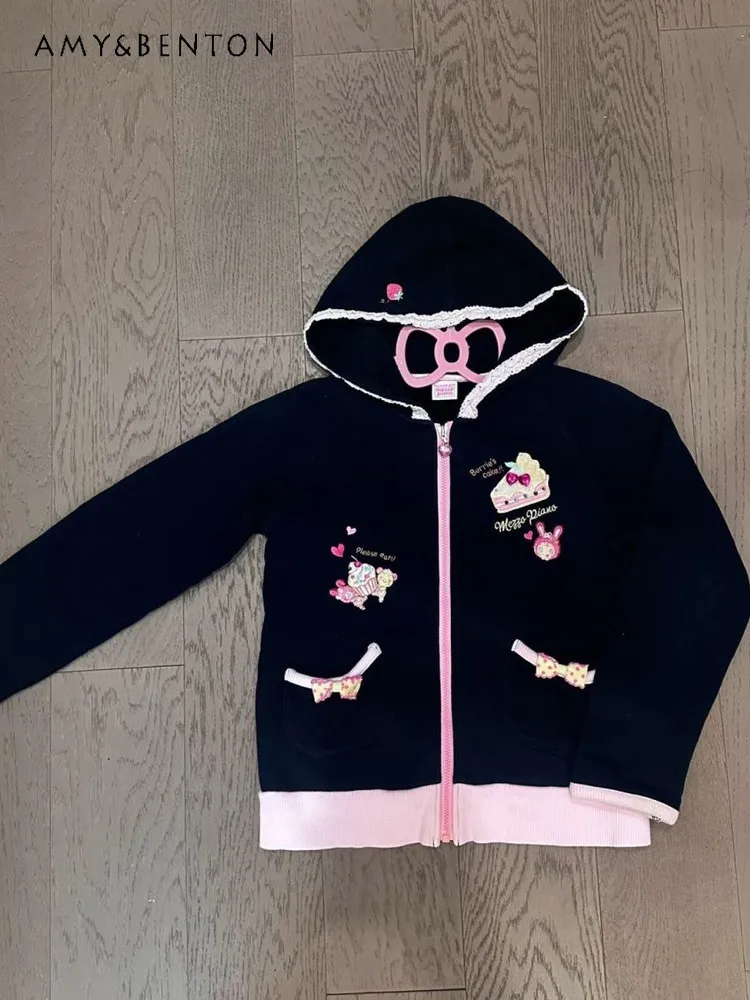 Printemps automne japonais doux mignon dessin animé imprimé veste à capuche pour les femmes Anime fille nœud poche Patchwork couleur veste courte ample