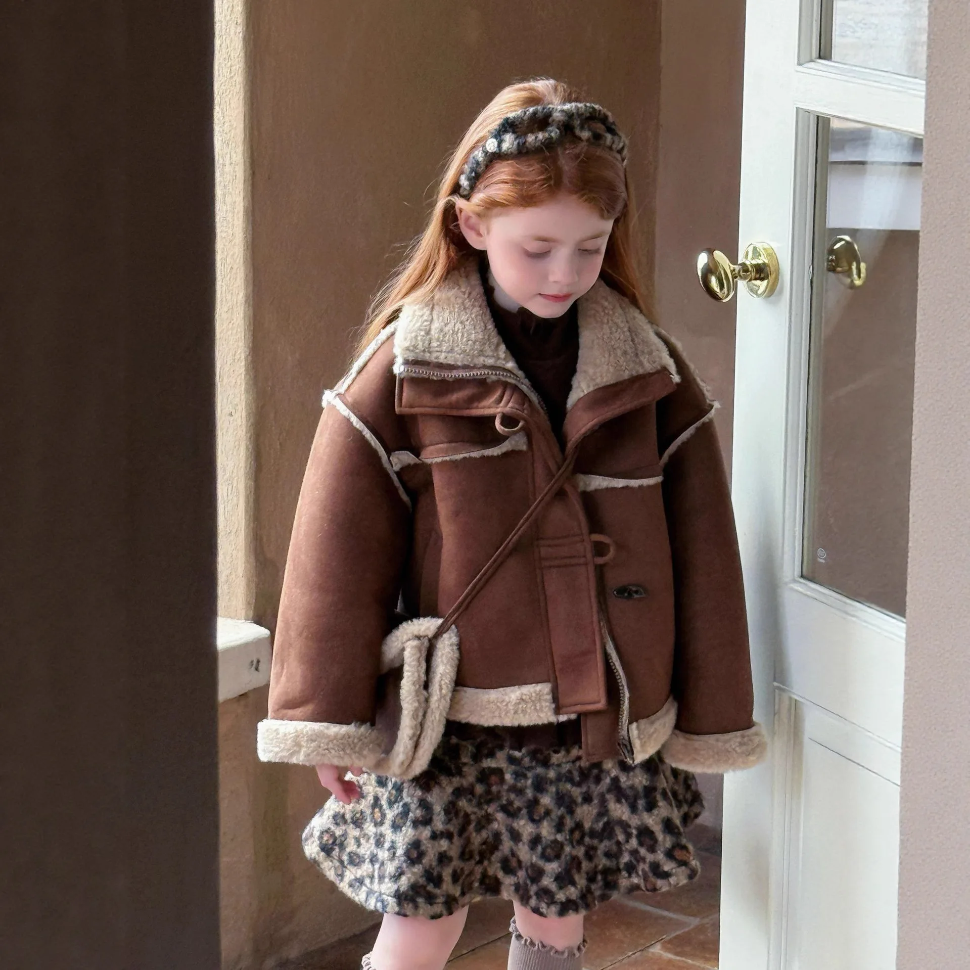 

2025 Autumn Winter New Kids Girl Leopard Print Fashion Half Skirt Korean Children Wool Short Skirt