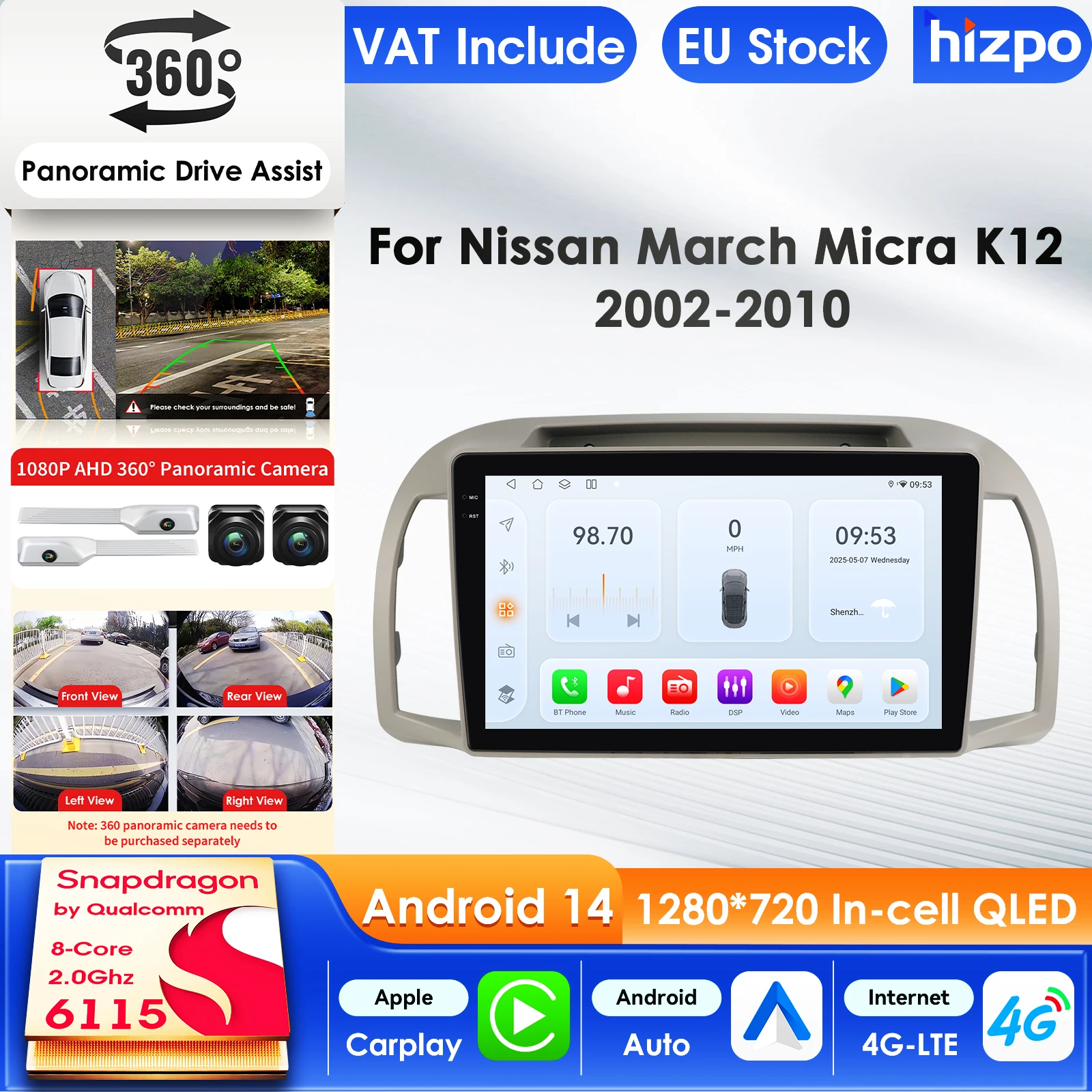 Hizpo Carplay AI Systems Android 14 Autoradio für Nissan March Micra K12 2002-2010 Multimedia Video Player GPS Autoradio 360cam