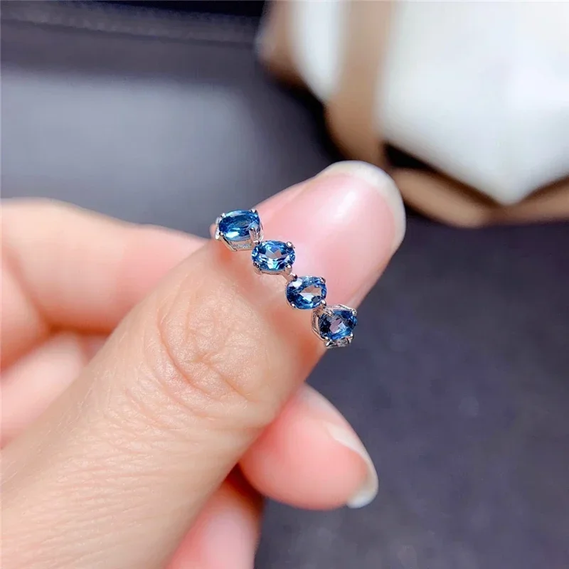 Natural London Blue Topaz Single Row S925 Sterling Silver Personalized Engagement Ring for Woman Gift With Certificate
