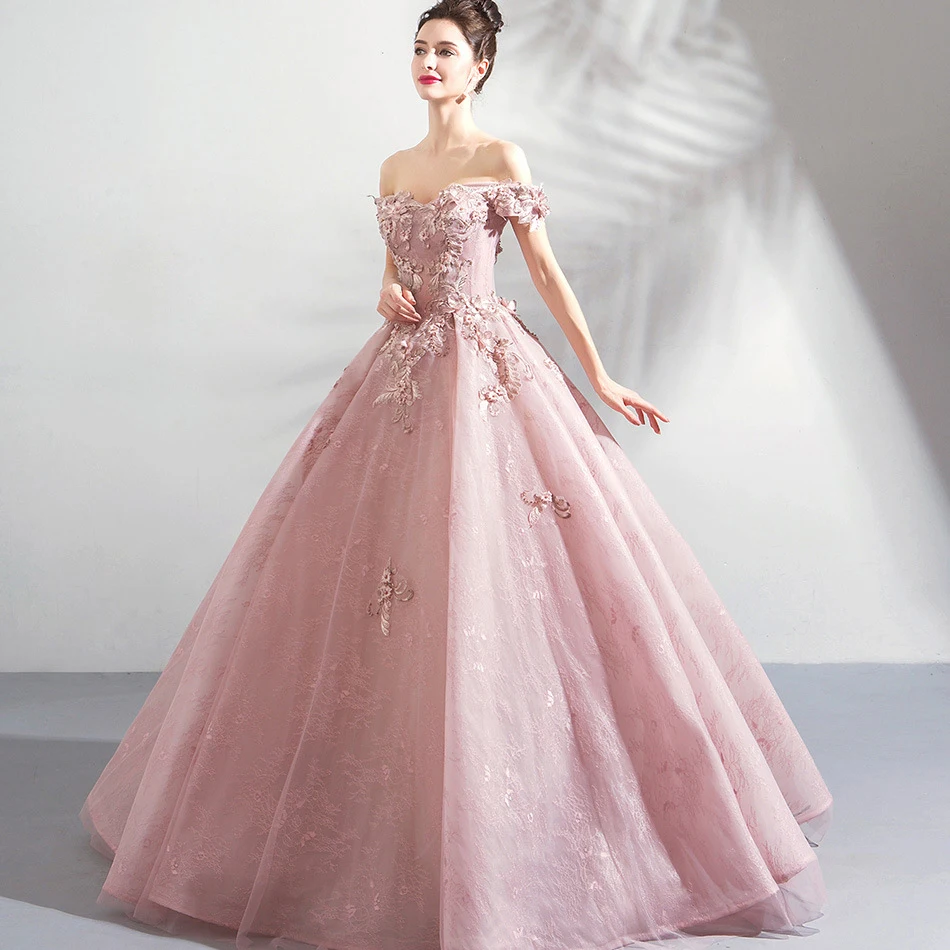 Novo fio de cor princesa vestido rosa flor de um ombro cintura renda bordado inchado saia longa vestido de banquete roupas femininas