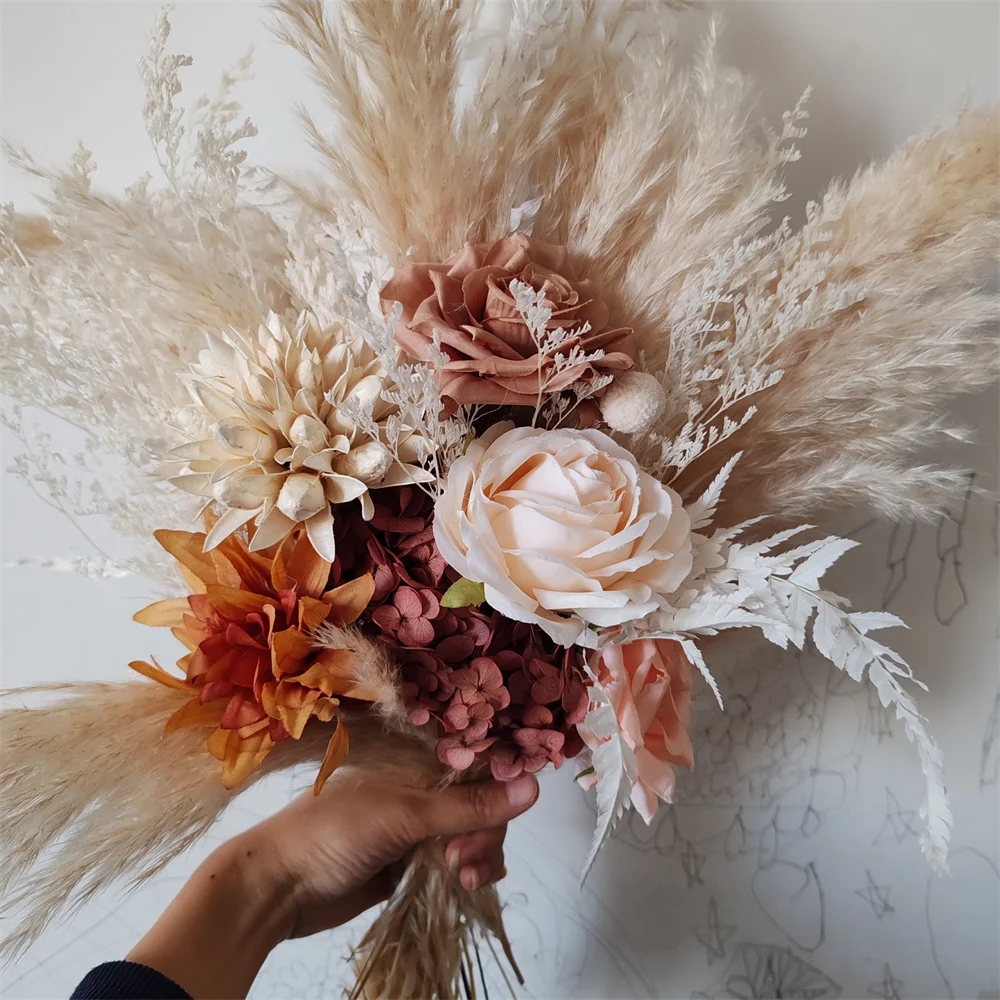 

Dried Flower Pampas Grass Wedding Bouquets for Bride Rustic Boho Bridal Bouquet for Fall Vintage Wedding Party Ceremony Decor