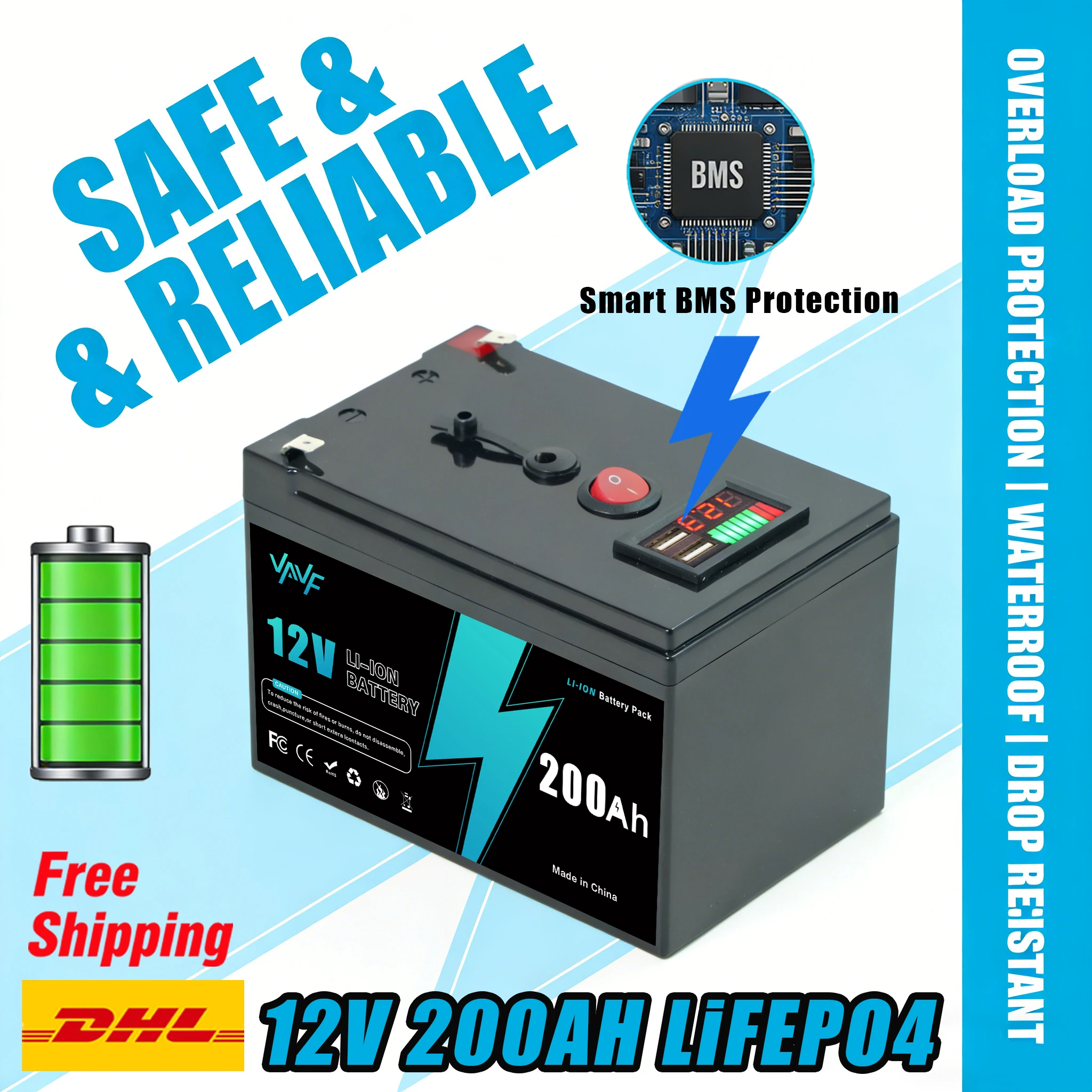 

Brand New 12V️‍200Ah LiFePO4 Deep Cycle Battery, Rechargeable Built-in BMS for Solar Power‍Scooters,Fish Finder,Boats