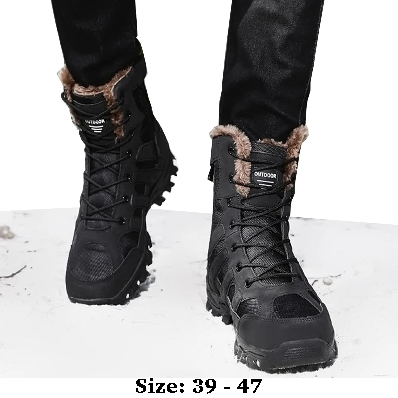 

High quality high tops leather boots for men 2024 winter size 46 47 hiking outdoor mountain military training plush warm shoe