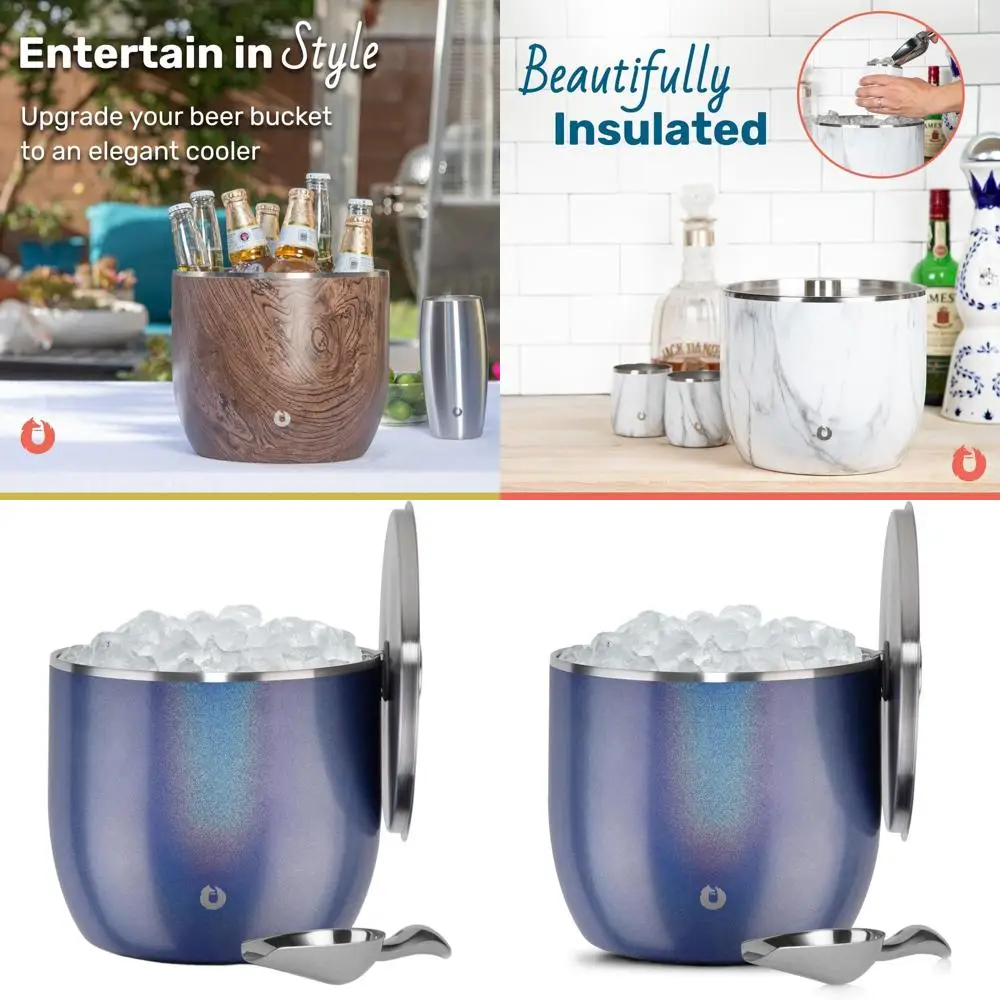 

Large 7L Double Wall Stainless Steel Ice Bucket with Lid and Scoop, Ideal for Parties, Elegant Blue