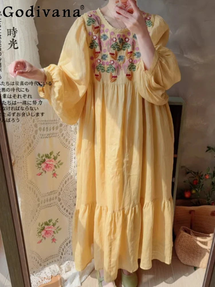 

Spring Summer Embroidered Lantern Sleeve Loose Holiday Dress Fashion High Waist A-line Versatile Crew Neck Long Sleeve Dresses