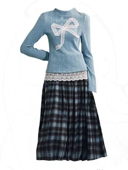 ชุด2ชิ้นสำหรับผู้หญิงแนววินเทจสไตล์เกาหลีแนวโมริ, ชุดจั๊มเปอร์คอเต่าเสื้อลูกไม้แขนยาวกระโปรงจีบลายตารางยาวปานกลางทรงเอ