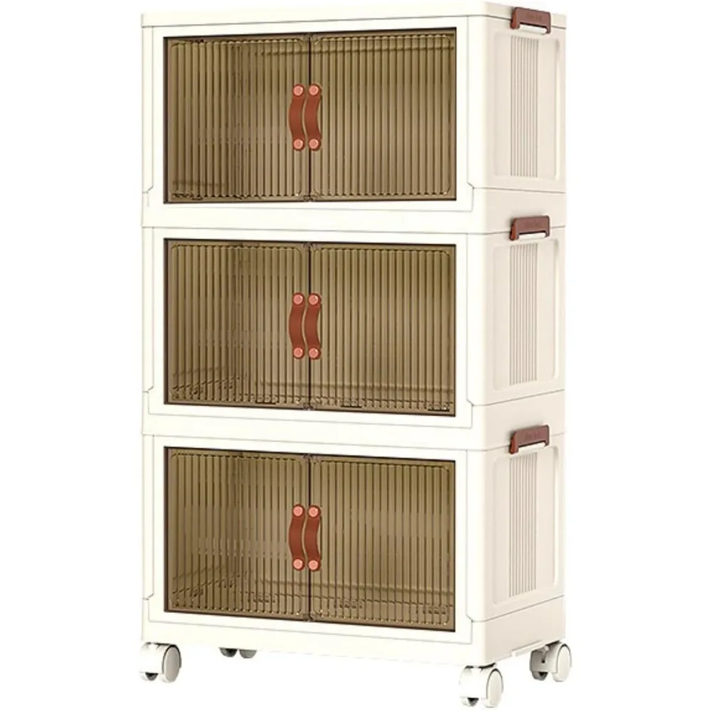 Stackable Storage Bins with Lids, 3-Tier Rolling Cabinet, Clear Front Panels, White