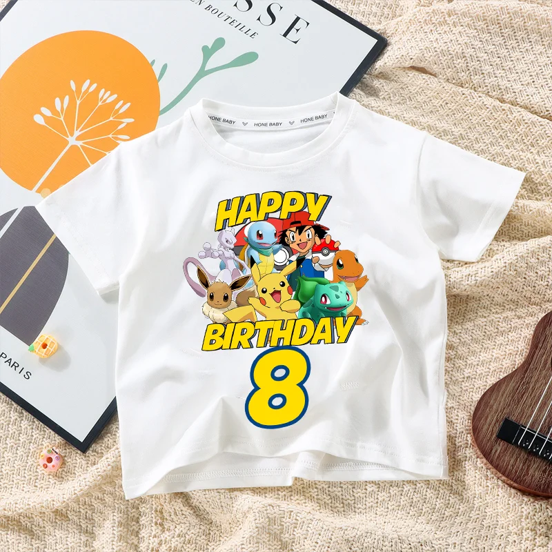 

Футболка с изображением Пикачу, футболка с номером на день рождения, летняя одежда с изображением покемонов, аниме, для мальчиков и девочек, летняя одежда с героями мультфильмов, хлопковая одежда с короткими рукавами для младенцев, детский топ, подарок