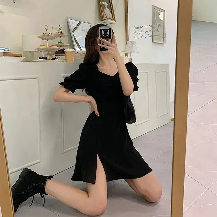 

Slimming Large Size Loose Fitting Summer New Style Fairy Skirt Waist Cinching Side Slit Women's Dress Bubble Sleeve Short Dress