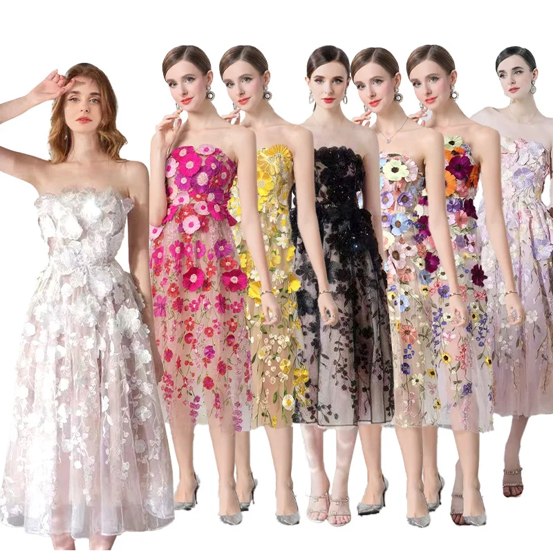 Ele Summer Women's Dr Embroidered 3D Floral Heavy Work Slimming Waistline Strapl Gown Chinese Faion Thiened Me