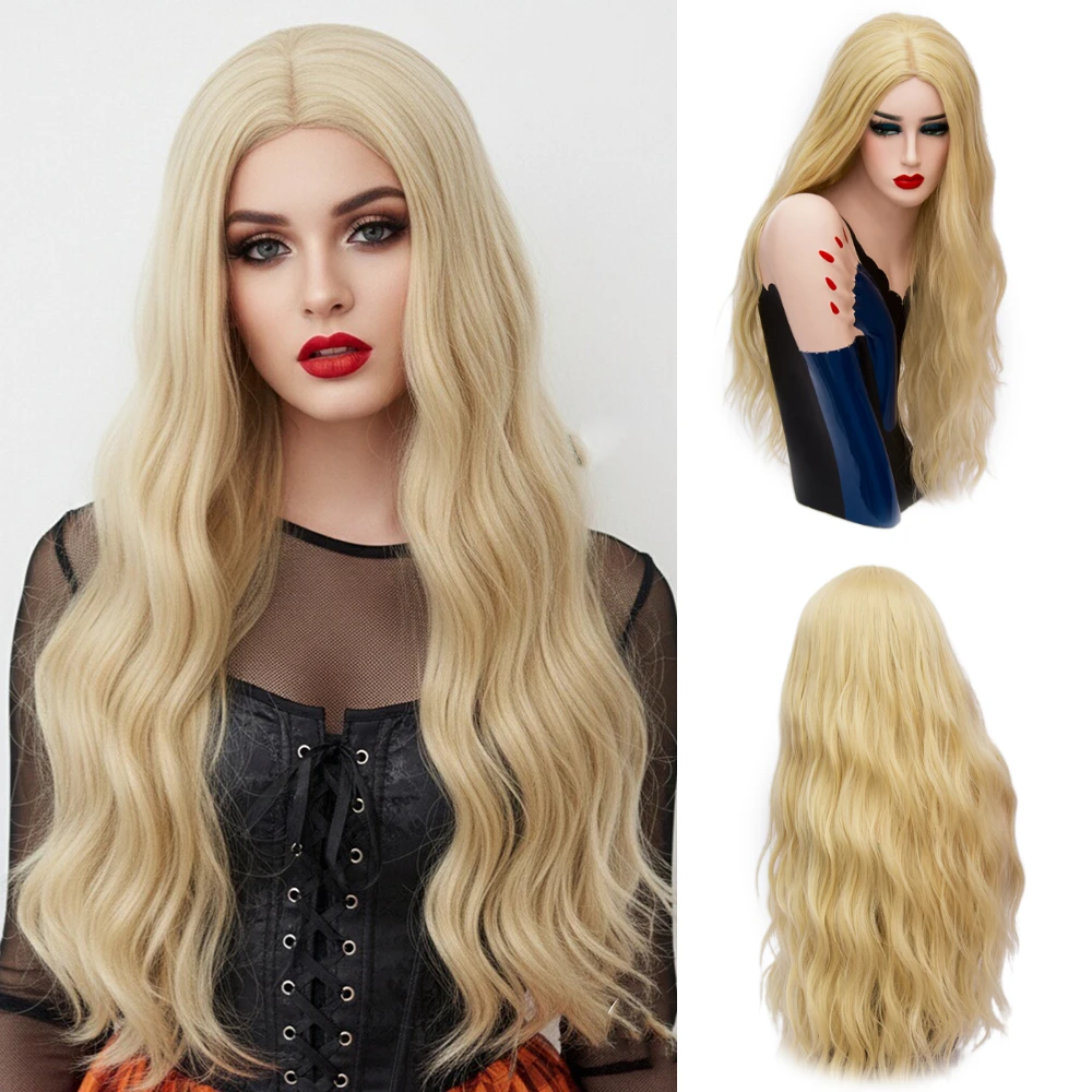 

Женский термостойкий длинный волнистый парик, блондинка, средняя часть, синтетический, естественный вид для Хэллоуина, косплея и повседневного гламурного цвета