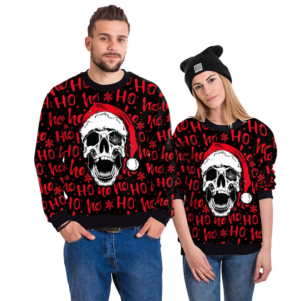 

Men Women New Year Eve Xmas Sweatshirt 3D Print Holiday Party Jumpers Tops Pullover Ho Ho Ho Santa Skull Ugly Christmas Sweater