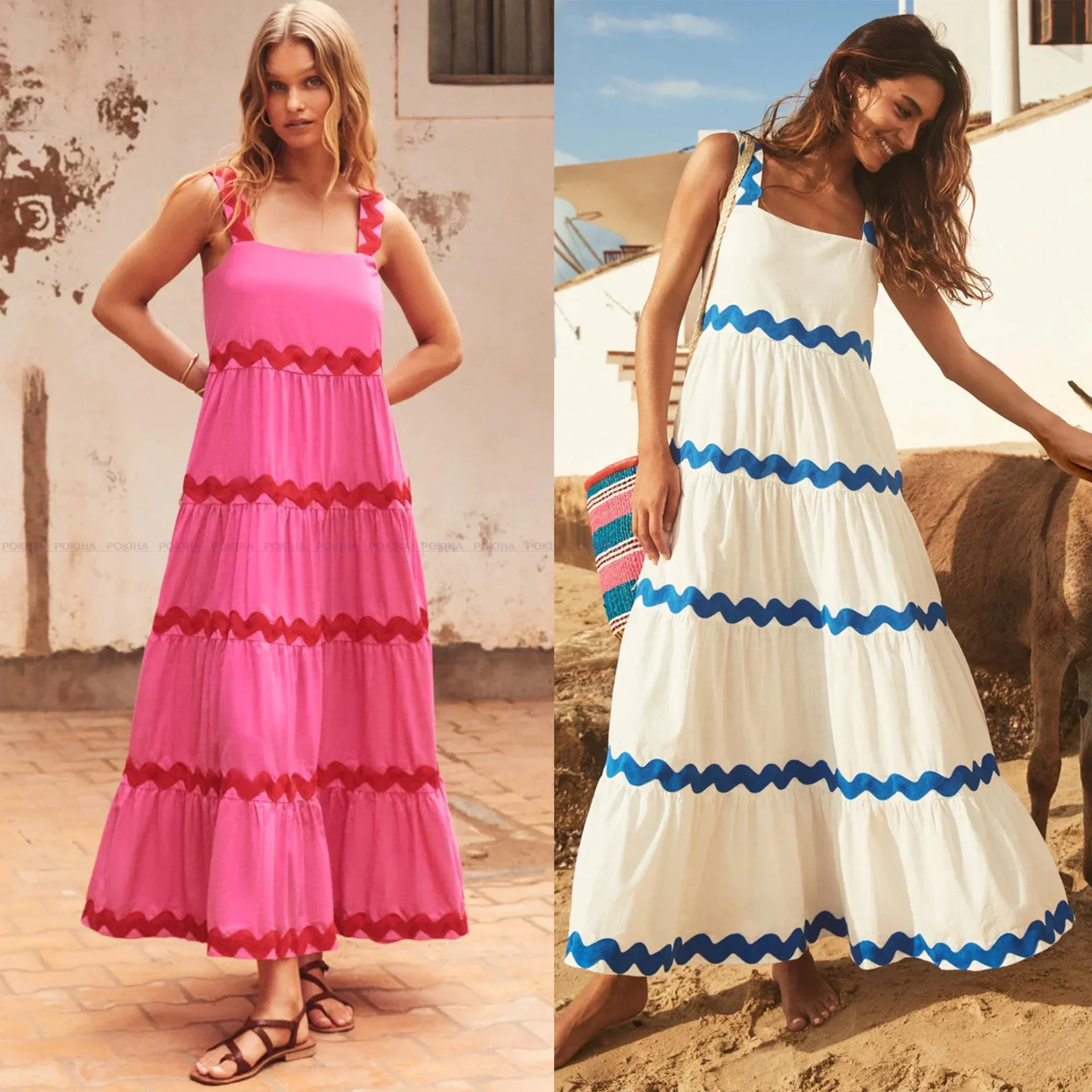 Kaaazi rücken frei lässig Frauen drucken ärmellose Midi Kleid Party Urlaub Mode elegante große Saum Träger Slip langes Kleid Vestido