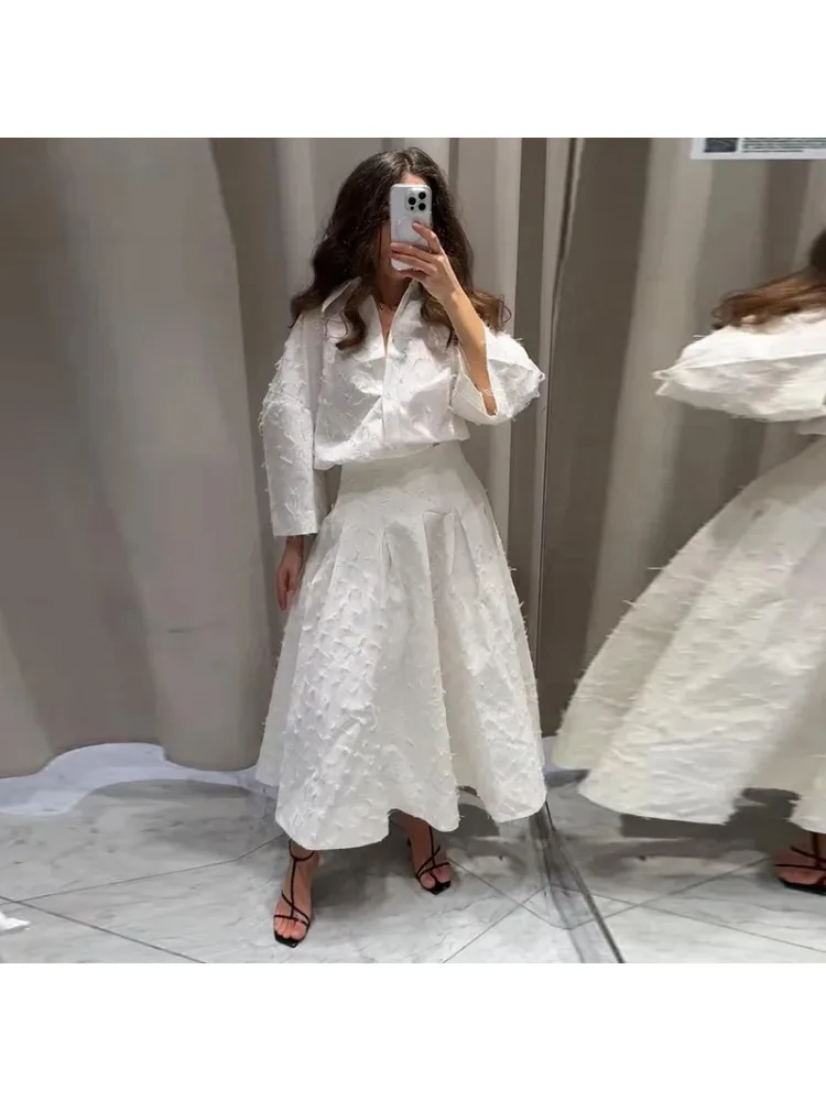 PRINTKAOIR élégant chemise jupe ensemble femmes revers à manches longues T-shirt taille haute plissée jupes longues costumes été rue dame ensembles