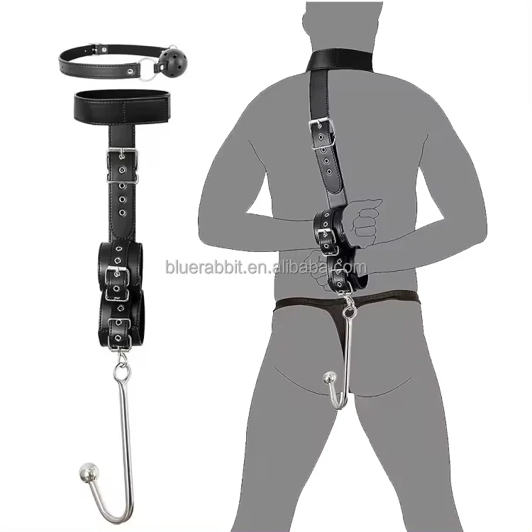 Sex Bondage Collar with Anal Hook & Ball Gag Wholesale BDSM Slave Neck to Wrist Leather Bondage Restraints Kit Sex Game