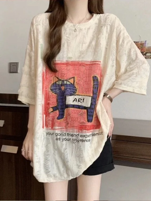 Sweet Style Women's Loose Fit Short Sleeve T-Shirt Summer 2026 New Mid-Length Cover Butt Top Polyester Spandex Print Hole