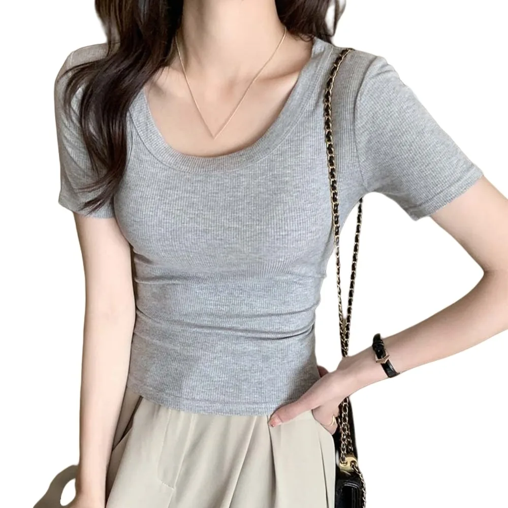 

Slim Korean Y2K Crop Tops Round Neck Solid Color Black White Grey T-shirt Women Clothing Corset Slim Short T-shirt Summer Daily
