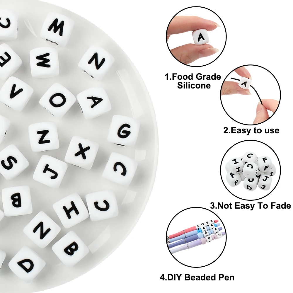 Cuentas de silicona con letras de piezas para fabricación de bolígrafos, abalorios de 12mm con alfabeto inglés para nombre personalizado, joyería, llavero, collar, 104