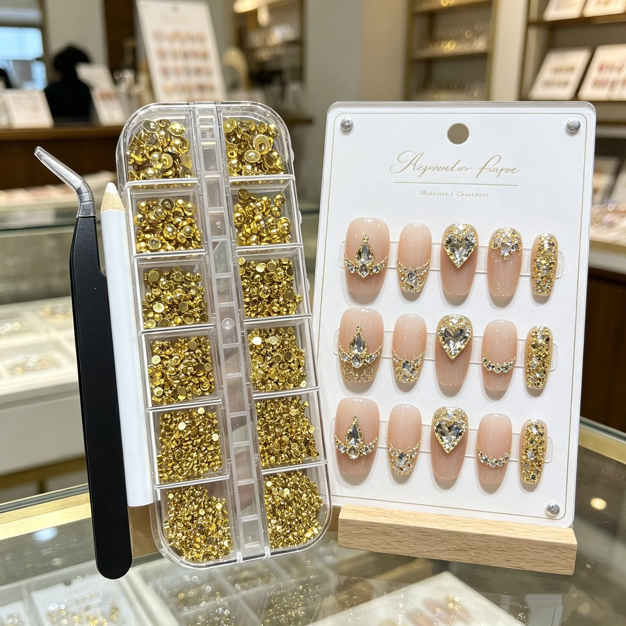 3pcs/Set 3D Gold Flatback Half Pearls Nail Art Charms Multi-Size Semi-Circular Pearl Nail Art Accessories with Picker & Tweezers