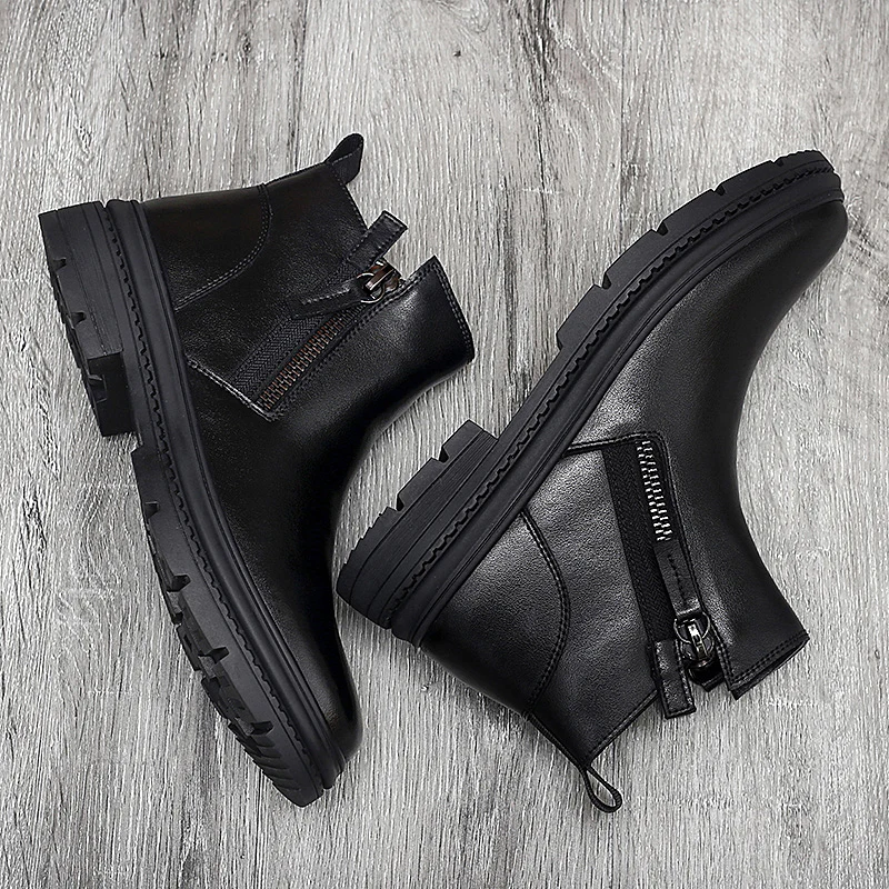 Man Winter Chelsea Boots Fur Warm Male Casual Genuine Leather Shoes Designer Men\'s Dress Boot Handmade Zipper Business Footwear