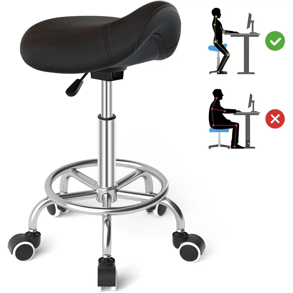 

Ergonomic Comfortable Rolling Stool with Wide Cushioned Seat, Swivel Chair on Wheels, Ring Pedal for Medical or Massage Use (Bla