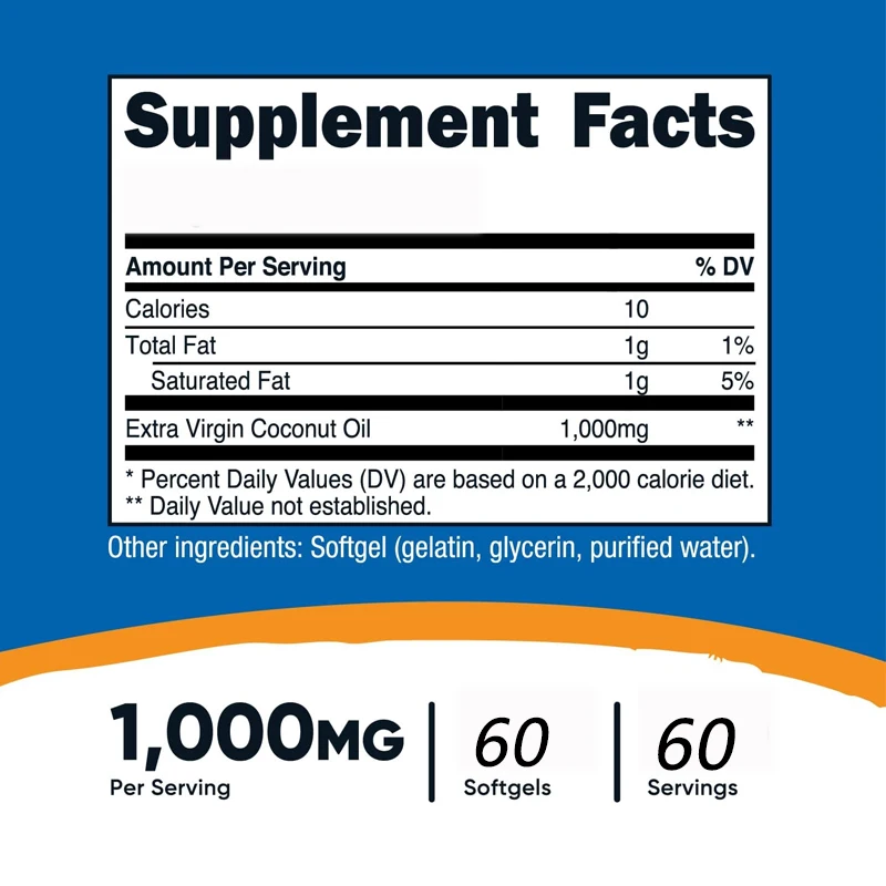 Coconut Oil Soft Capsules (1000mg) 60 Capsules - Extra Virgin Coconut Oil - Gluten Free, Non Genetically Modified