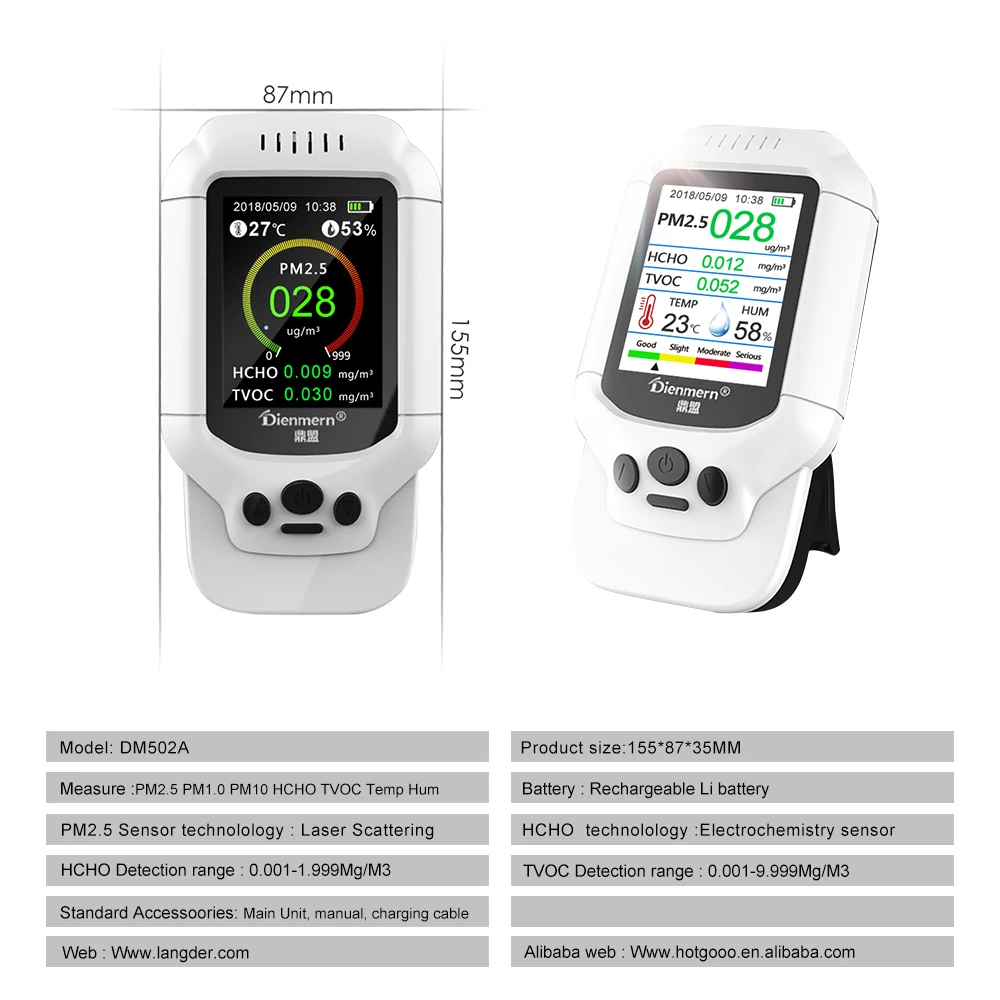 Dienmern New Ozone Meter Portable LCD Display PM2.5/TVOC/Temperature/Humidity Monitor High Precision Air Tester