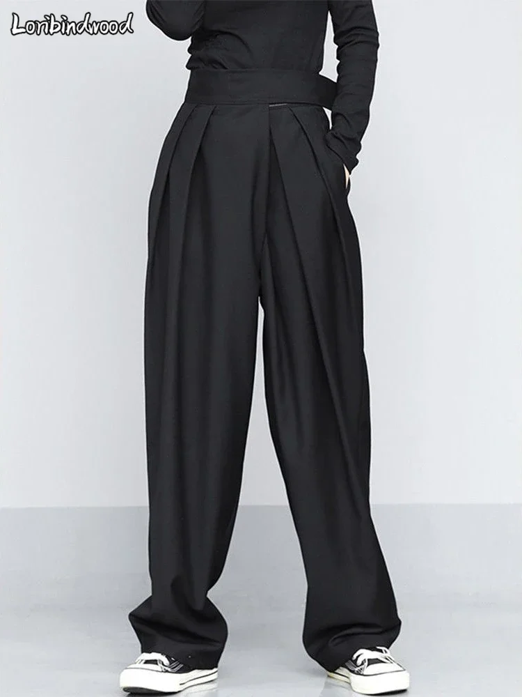 Damen Schwarze Hose mit weitem Bein, Frühling, Sommer, hohe Taille, plissierte Anzughose, Dame, lässig, lange, lockere Hose, 2023, modische Damenbekleidung