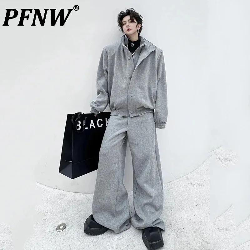 PFNW Double Collar Zipper Men's Set High Street Fake Two-piece Cardigan Sweatshirt Casual Wide Leg Pants Male Suit Trendy 9C5372