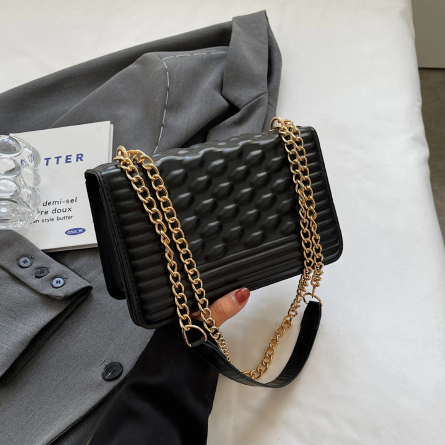 Casual Embossed Crossbody Bag, Stylish Chain Flap Purse, Women Shoulder Bag