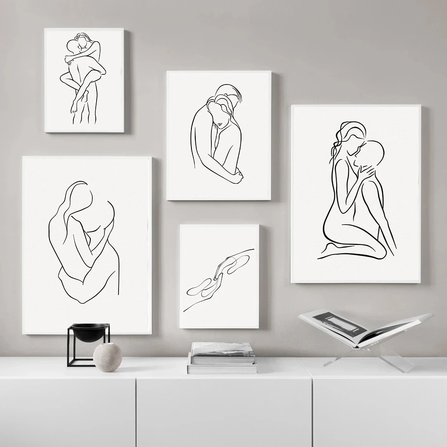 1pc frameless Canvas Painting Minimalist Abstract Couple Line Art Poster Hug Romantic Anniversary Gift Love Prints Canvas Painti