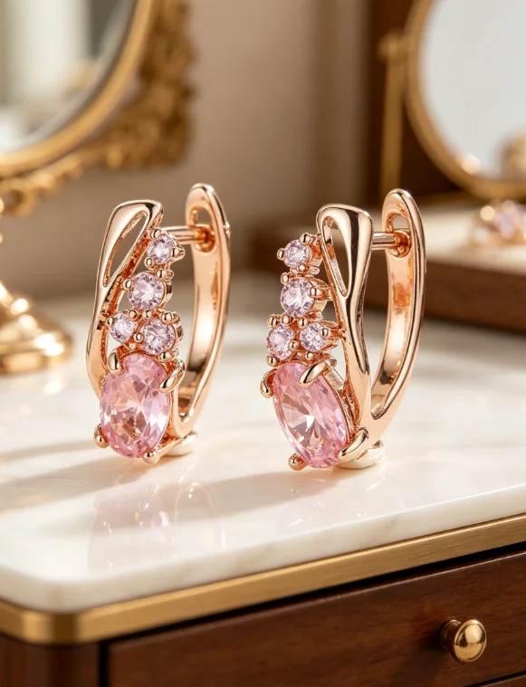 Rose Gold Oval Pink Zircon Huggie Earrings Multi Small Round Crystal Hoop Earrings Elegant Wedding Party Jewelry for Women