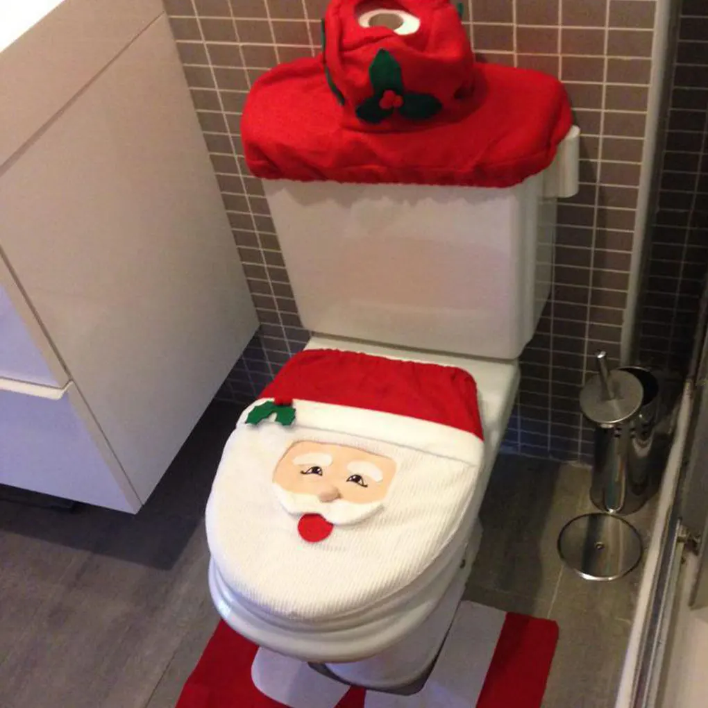 Christmas Bathroom Decorations Sets Creative 3pcs Santa Toilet Seat Cover Rug Toilet Tank Cover Xmas Supplies Xmas Home Decor