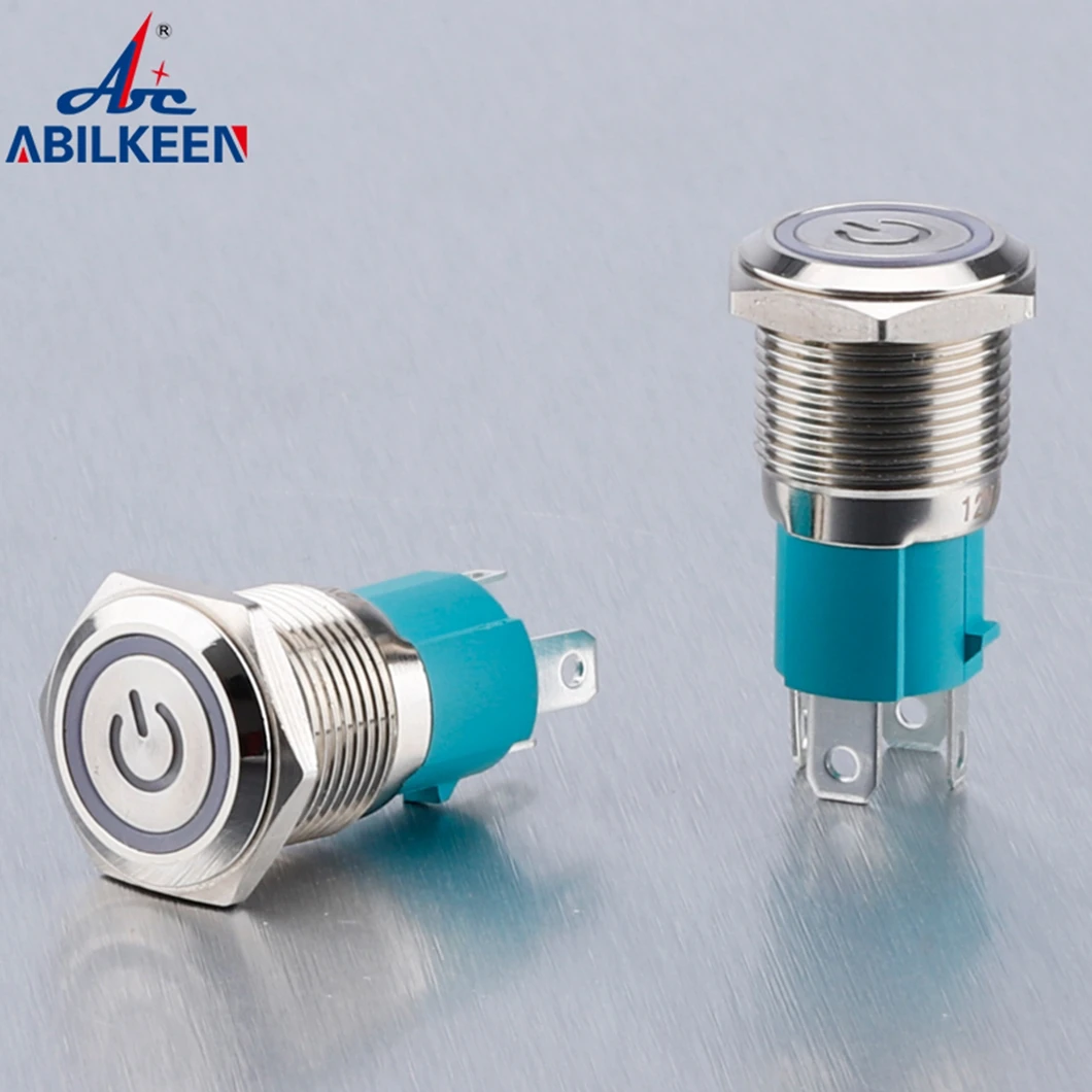 ABILKEEN 16mm 10A Large Current Load Metal Push Button Switch 1NO Momentary/Latching Push Button Power Symbol LED Ring Light