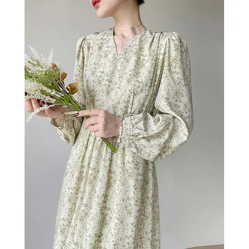 Women Trendy Vintage Floral Print High Waist Elegant Party Dresses Spring Autumn V Neck Long Sleeve Slim Chic Midi Dress Vestido