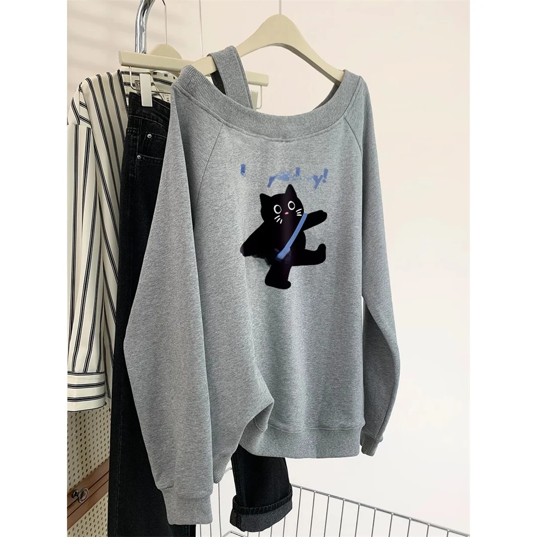 

Cartoon Print Off-Shoulder Hoodie Women's Loose Fit Autumn 2024 New Style Slimming Top Shoulder Strap Sweatshirt Korean Style