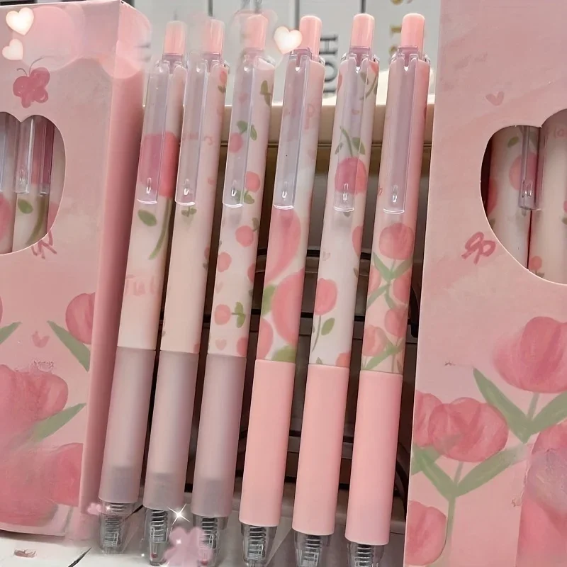 6 Pack Cute Click Pens, 0.5mm Ink, Office School Supplies, Christmas New Year Valentine's Day Gifts, Neutral Design school