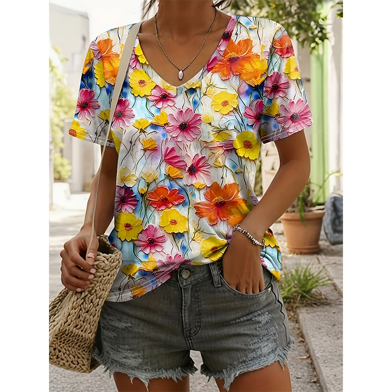 

Летние футболки с цветочным принтом и 3D принтом, женская футболка с v-образным вырезом и коротким рукавом Y2K, повседневные уличные футболки, топ в стиле Харадзюку, женская одежда