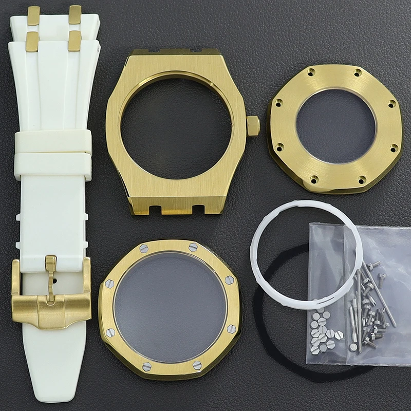 Reloj octagonal dorado para hombre, pulsera de goma, zafiro MOD para Oak Seiko NH35 NH36 NH34/38, 31,8mm, resistente al agua